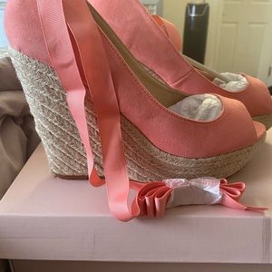 Coral/pink open toe wedge (never worn)
